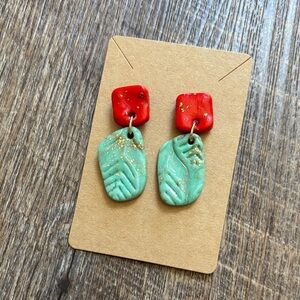 Handmade Red & Turquoise Clay Dangle Earrings with Gold Flecks